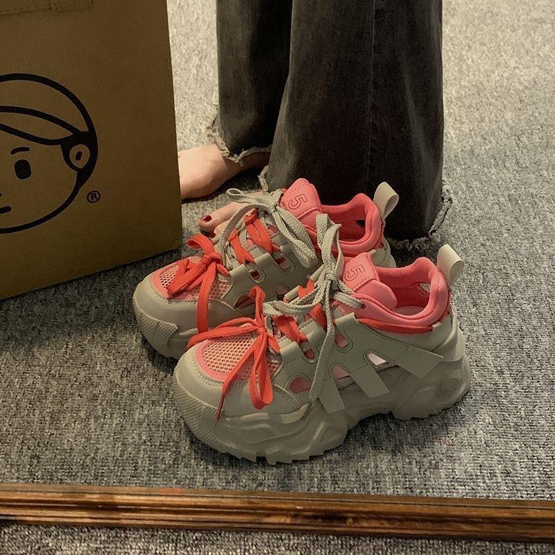 Trendy Dad Shoes Women 2024 New Hollow Out Breathable Versatile Lightweight Thick Soled Casual Sports Vulcanized Shoes Sneakers