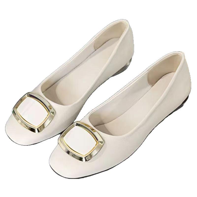 Single shoes soft leather soft sole autumn new flat bottom low heel square buckle beanie shoes