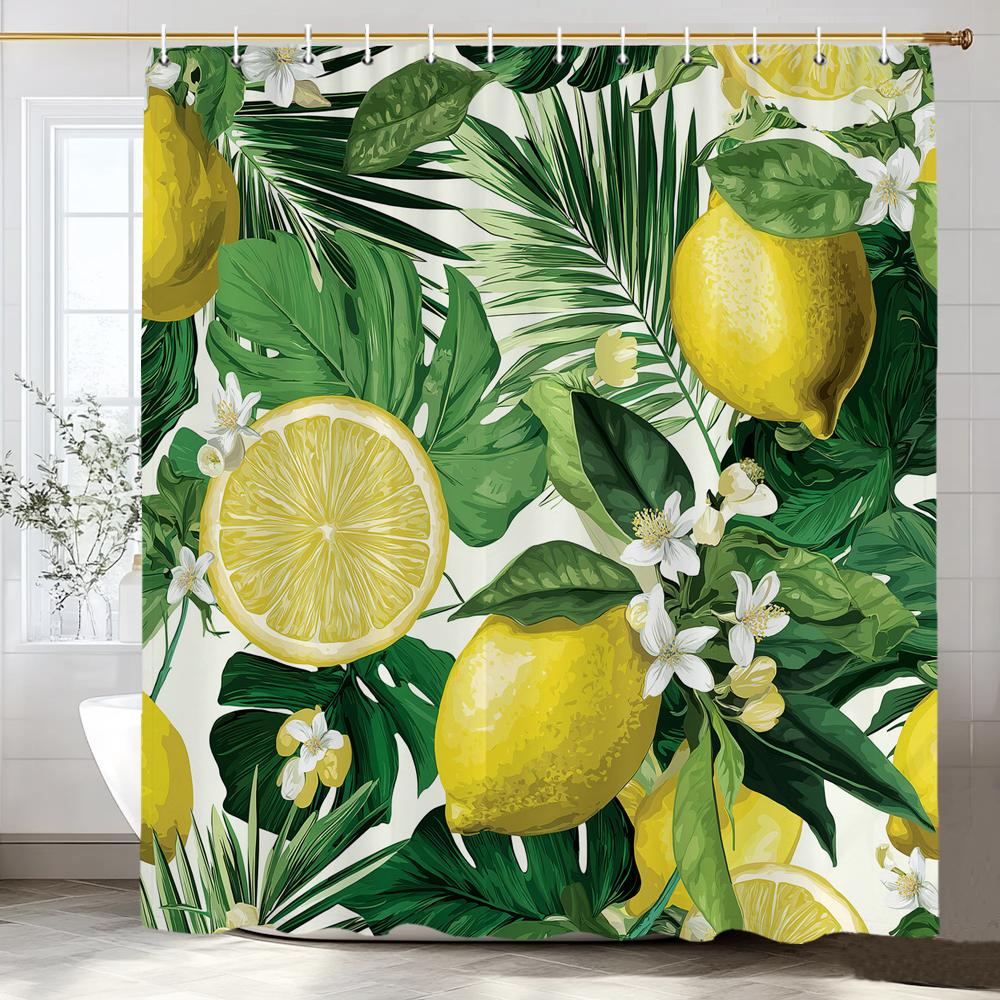 Lemon, Strawberry, Peach Tropical Fruit Shower Curtain, Bathroom Decorative Shower Curtain, Print Polyester Curtain With Hooks