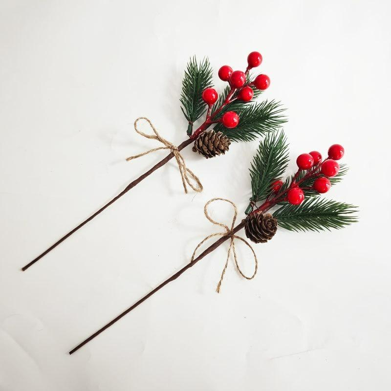 Artificial Christmas Red Berry Pine Needle Faux Greenery Stem for Wreath Garland Tree Decoration Home Decor DIY Supplies Festive