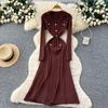 French high-end retro lapel long-sleeved metal buckle slim-fitting and thin temperament vertical pattern knitted dress