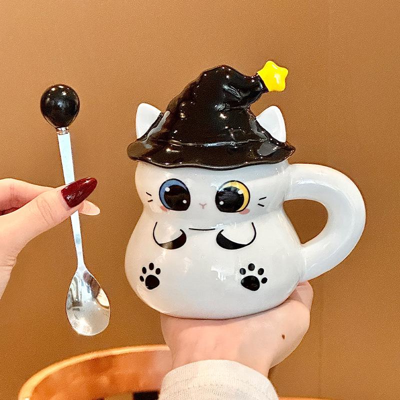 Magic hat cat ceramic mug with lid, high-value couple water cup, practical birthday gift for girl girlfriends