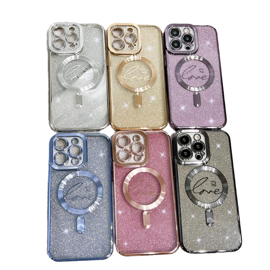 Electroplated Magnetic Soft Case for iPhone 15 Pro Heart Full Coverage Ins Apple 17 Gradient Glitter Phone Case Cover