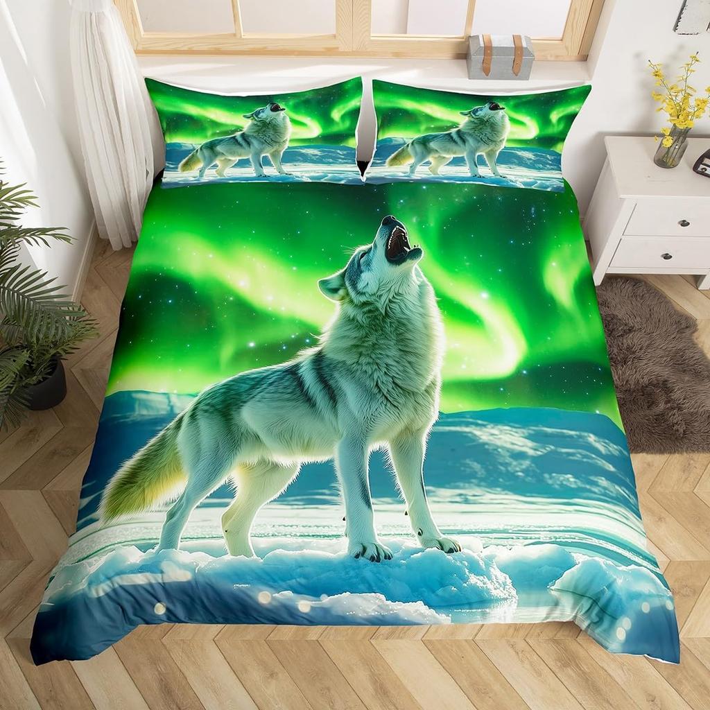 Comforter Wolf Twin King Size Roaring Wolves Wildlife Bedding Set Aurora Animals Galaxy Print Comforter For Kids Boys