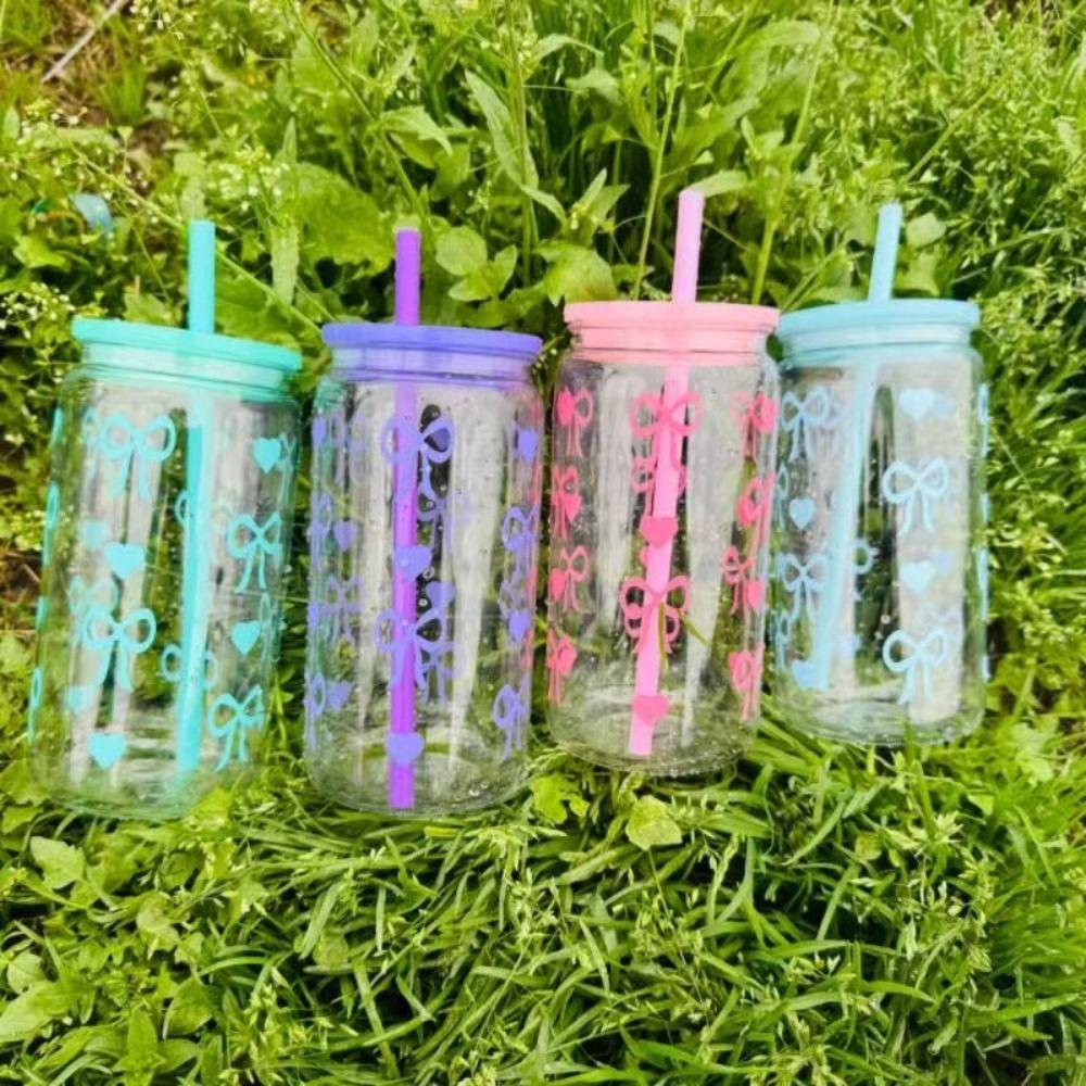 Simple Plastic Water bottle 500ml Bowknot Pattern Aesthetic Tumbler Cup Heat-resistant Large Capacity Milk Tea Cup for Students