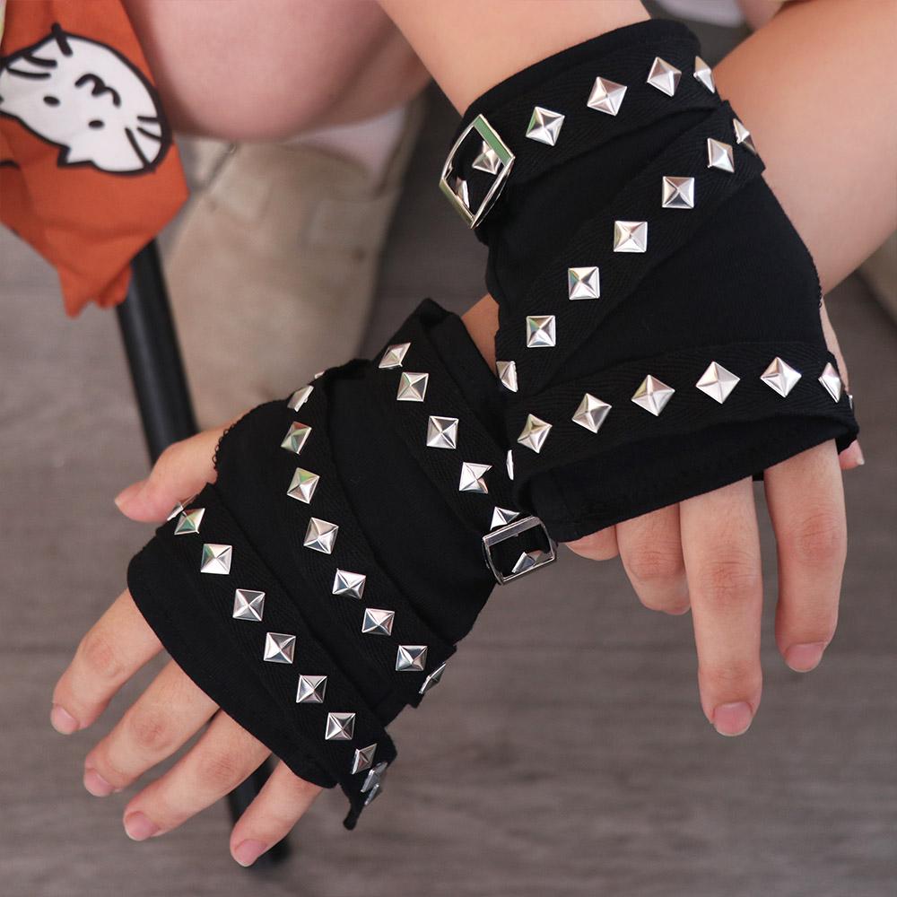 Hip hop Fingerless Gloves Rope Cross Short Arm Warmer Elastic Rivet Gloves  Cosplay