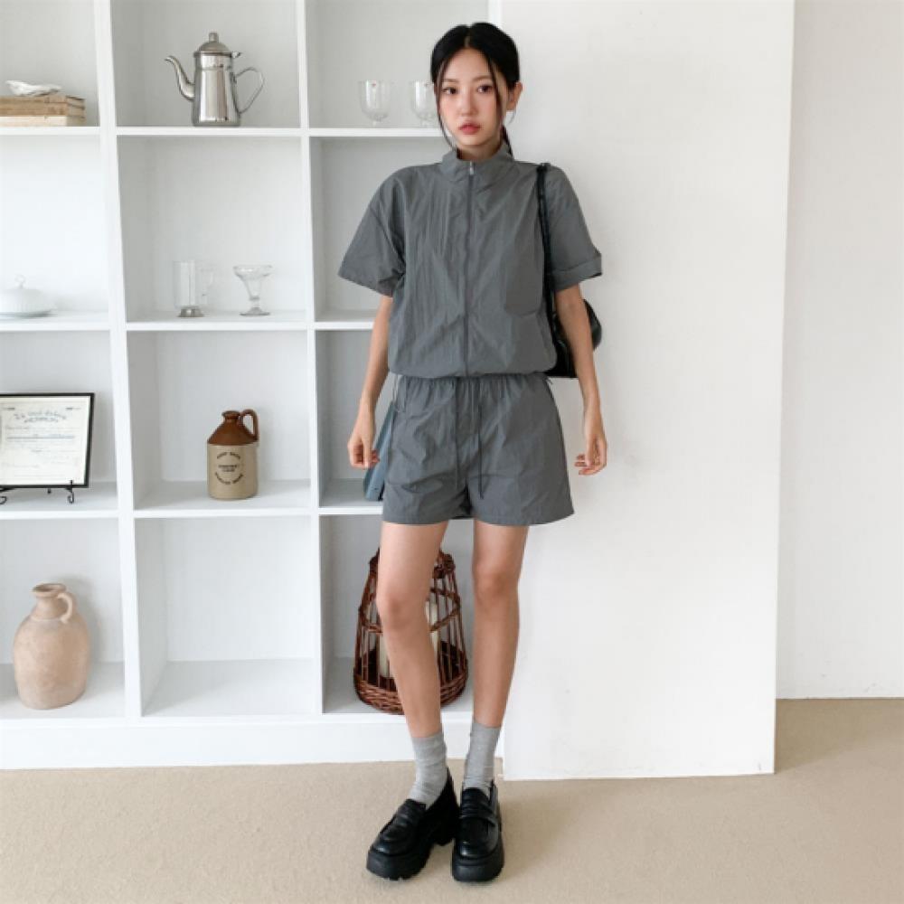 New Arrivals Open Run Women High Neck Short Sleeve Zip Up Set Casual Shorts
