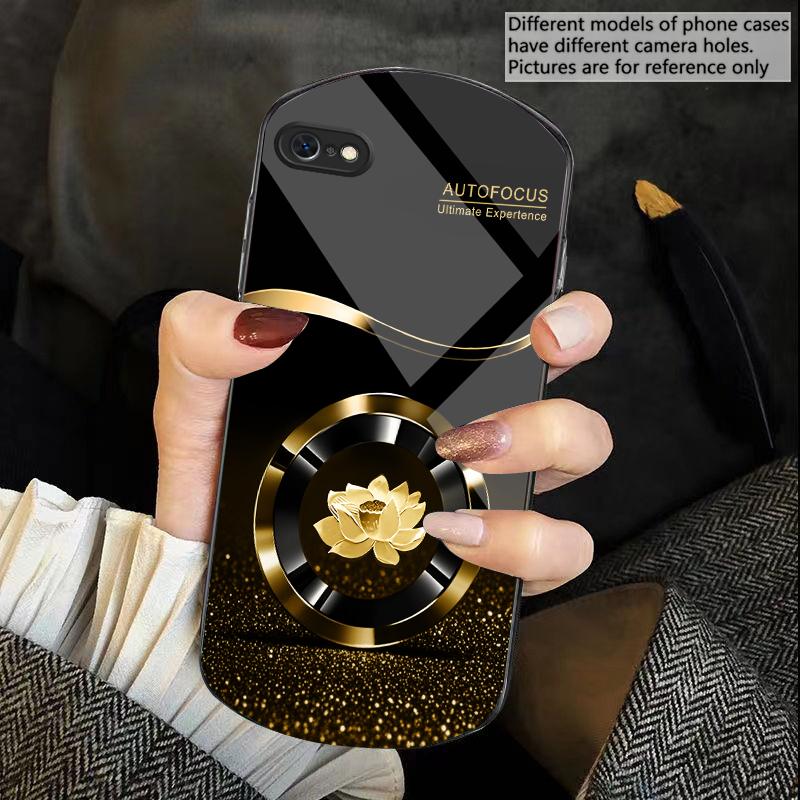 Circle Lotus Golden Dot For iPhone 16 15 14 13 Plus 12 mini 11 Pro Max XR Xs X 7 8 6 6S 22 Elliptical Tempered Glass Phone Case