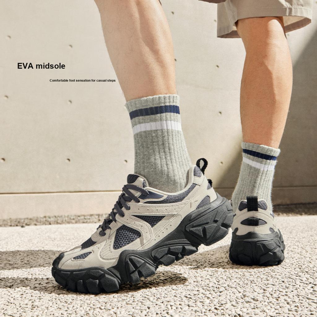 Li Ning Dune Retro Thick Sole Comfortable Shock Absorbing Non-Slip Wear-Resistant Breathable Low-Top Casual Shoes Men Sneaker Khaki Black AGCU379-3