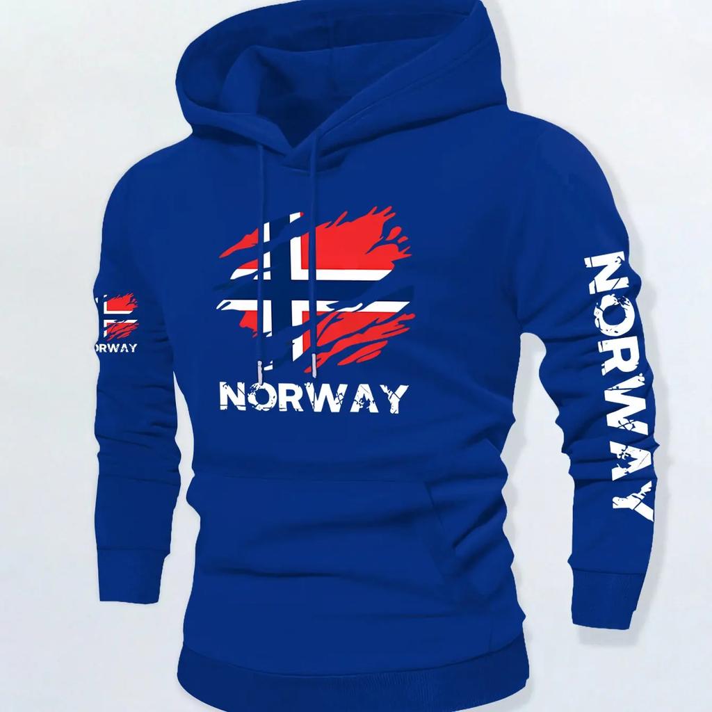 Męska bluza z kapturem w stylu vintage Street, ręcznie rysowana, postrzępiona flaga Norwegii, nadruk z literami, miękki polar, oversize, patriotyczna bluza
