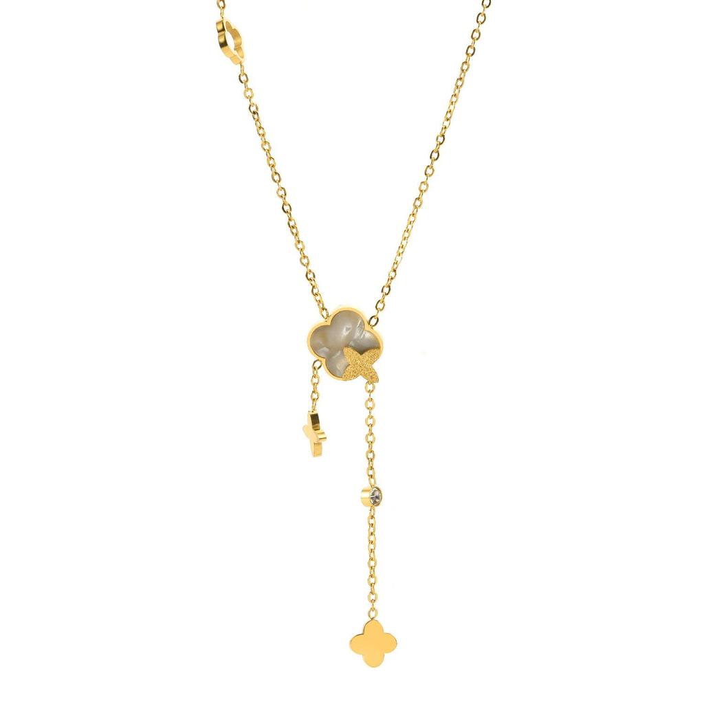 Elegant Gold Titanium Steel Women's Necklace with White Shell, Zircon, and Monogram Tassel