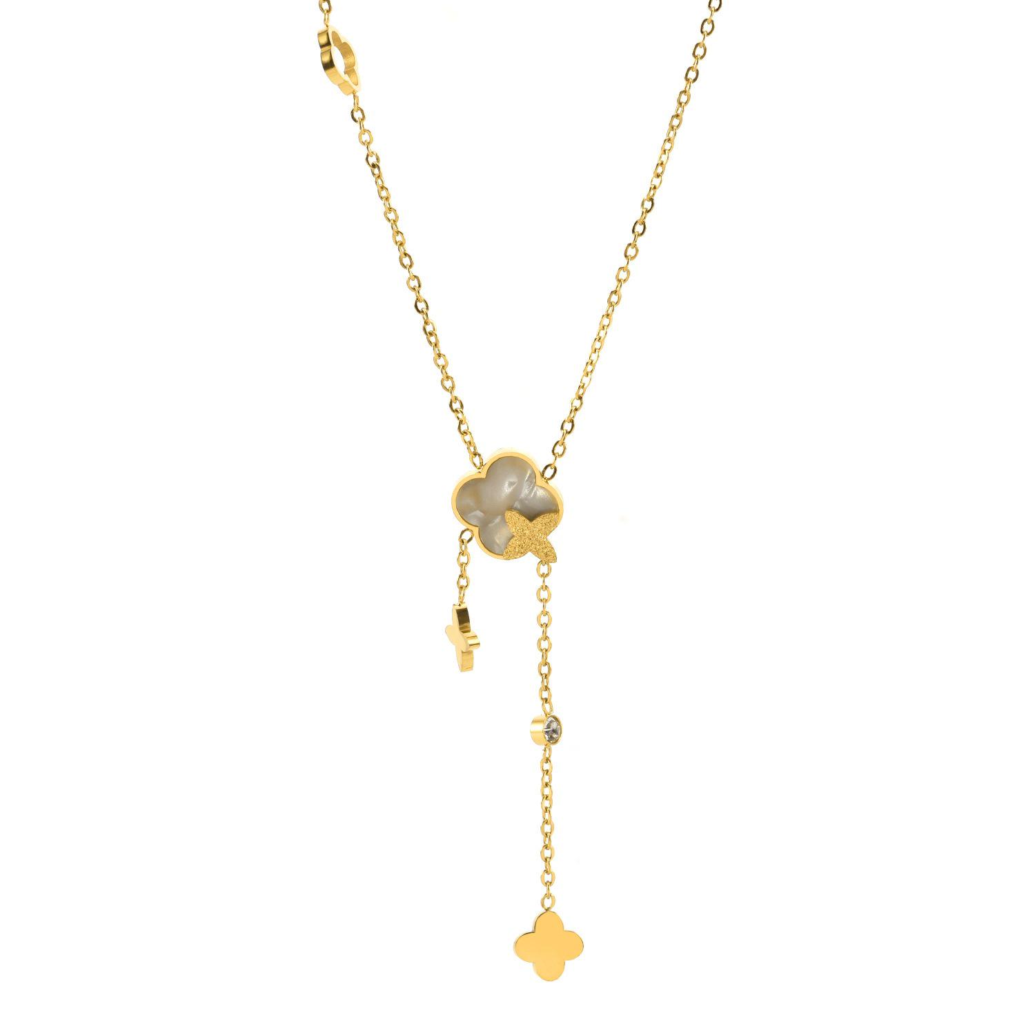 Elegant Gold Titanium Steel Women s Necklace with White Shell, Zircon, and Monogram Tassel золотой