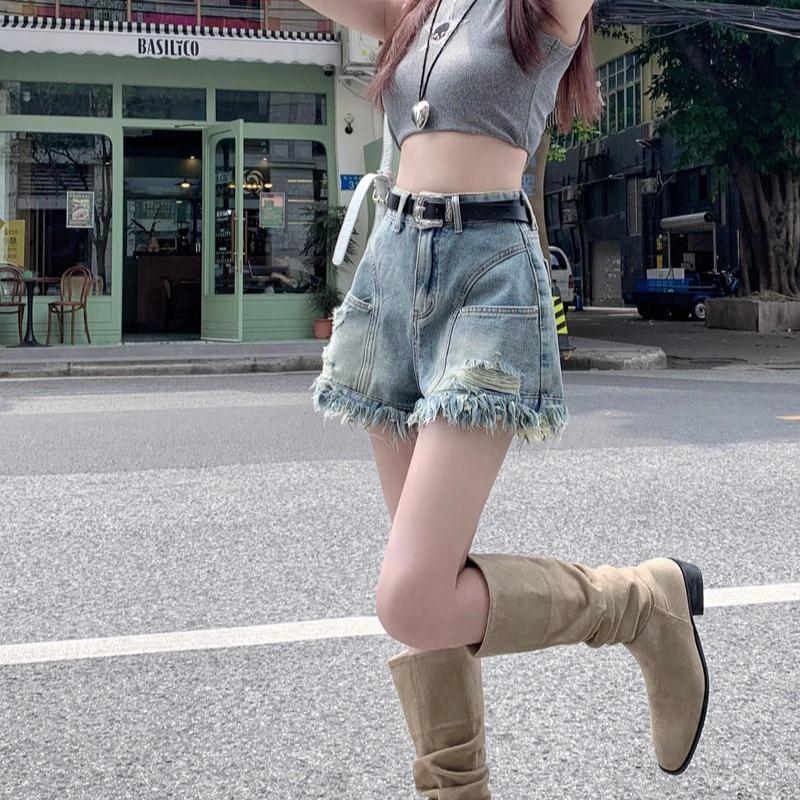 Vintage High Waisted Ripped Frayed Denim Shorts for Women Summer A Line Distressed American Retro Style