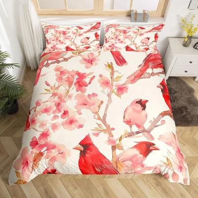 Bird Animal Bedding Set Queen Cherry Blossoms Duvet Cover Floral Botanical Branches Quilt Cover Nature Scenery Comforter Cover