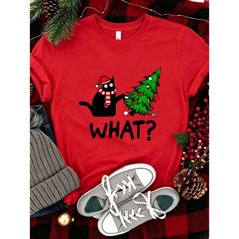 Christmas Cartoon Cat Xmas Tree Print Graphic Print T-shirt Women Fashionable Comfortable Breathable Soft Casual Sports Short Sleeve Cotton T-shirt