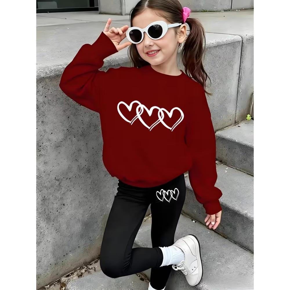 Girls' Triple Hearts Casual Comfortable Soft Loose Pullover Sweatshirt and Leggings 2-Piece Set, New Autumn/Winter, Playful, Sweet and Cool Style