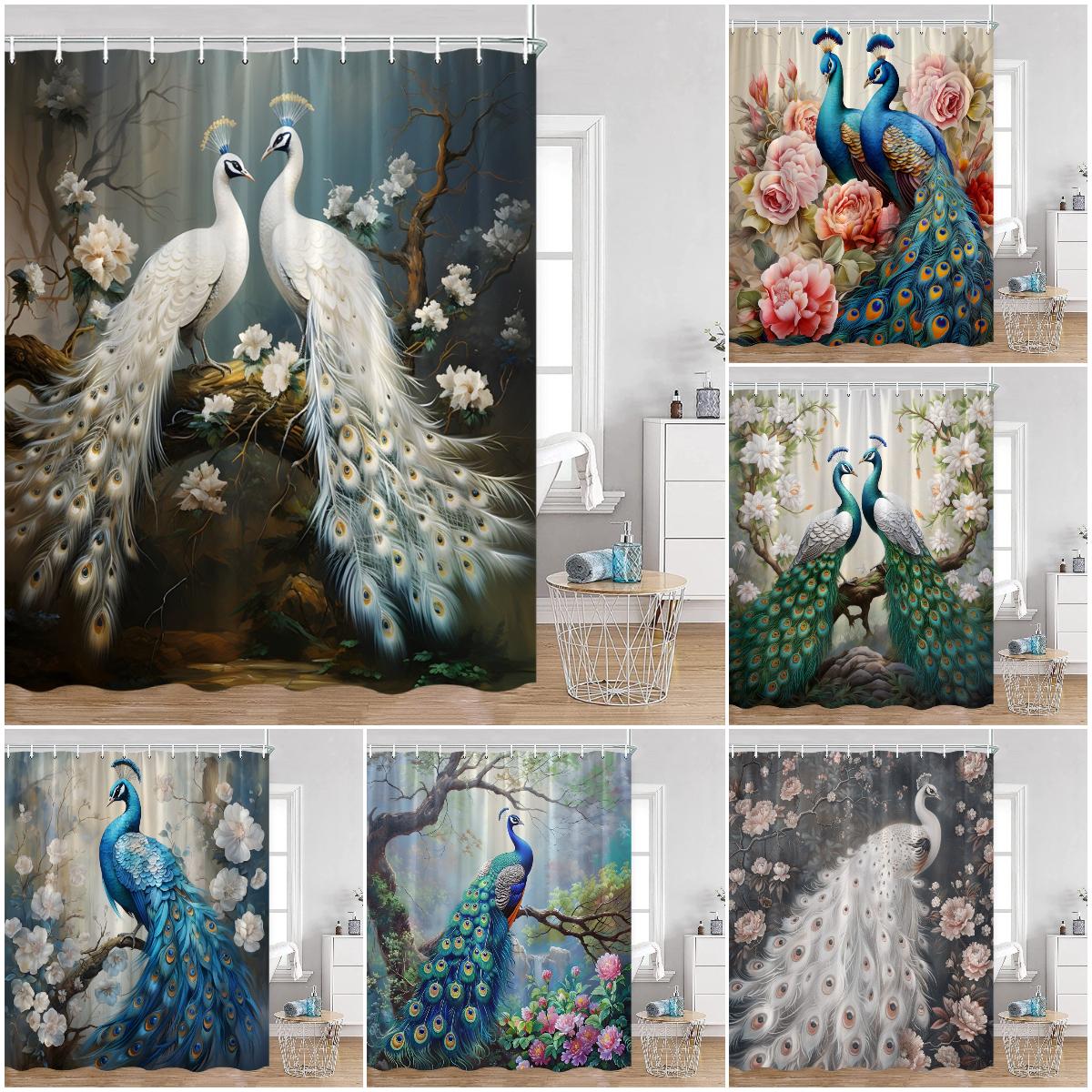 Monika Chen Blue/Pink Peacock Shower Curtain Beautiful Bird Flower Tree Chinese Style Elegant Bath Curtain Modern Bathroom Decor With Hook