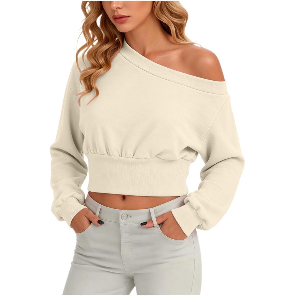 Women's Fashion Off-Shoulder Long Sleeve Color Hoodie Sweatshirt Casual Top for Everyday Wear
