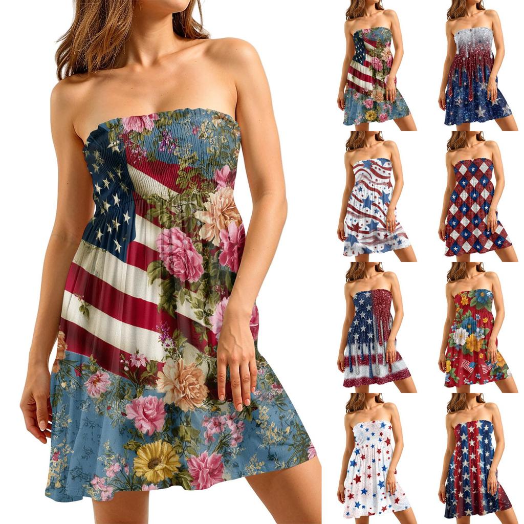 Women's Casual Strapless Sleeveless Dress Independence Day Print Summer Beach Dress Midi Length Lightweight Fabric