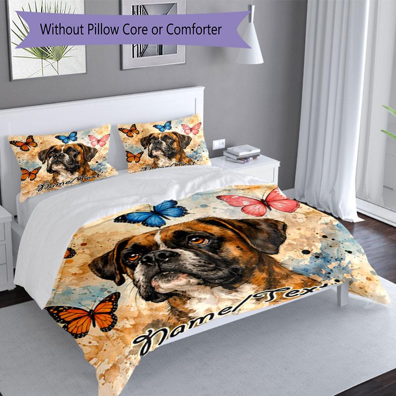 3PC Custom Name Butterfly Boxer Dog Art Bedding Set Printed Bedding Set Duvet Cover Closure Includes 1 Duvet Cover & 333 Pillowcases for Bedroom
