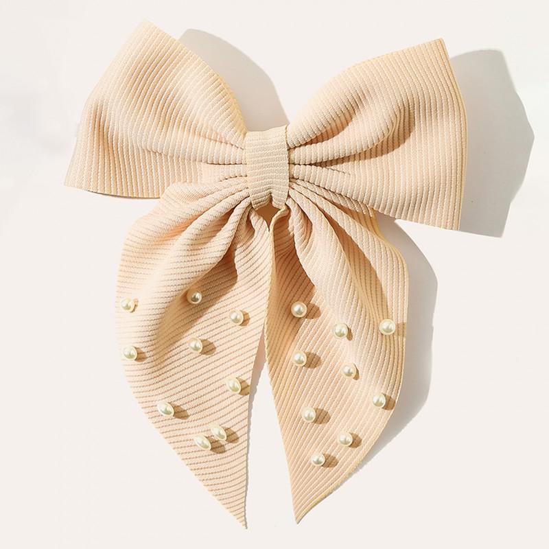 Handmade Fabric Hair Clip With Pearl Bow Ribbon Women Retro Style Back Of Head Accessory