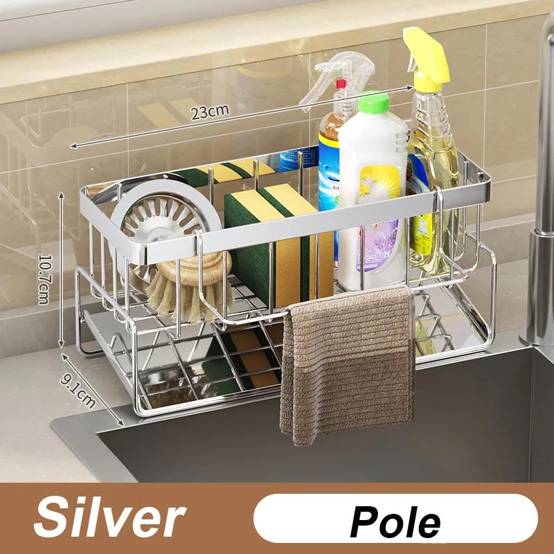 Bathroom Sink Storage Rack Metal Drain Rack with Cutlery Container Dishwashing Sponge Holder Kitchen Countertop Storage Shelf