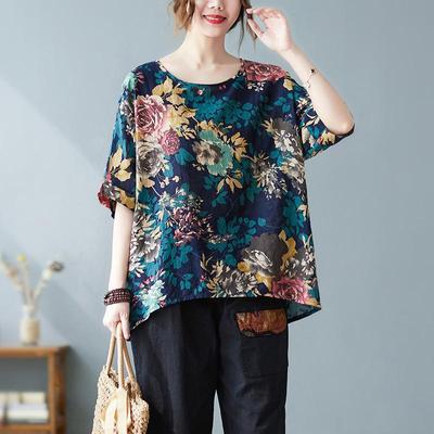 Womens Cotton Linen Blouse Plus Size Clothes Tops Short Sleeve Shirts O Neck Casual Oversized Clothing Floral Printed Top