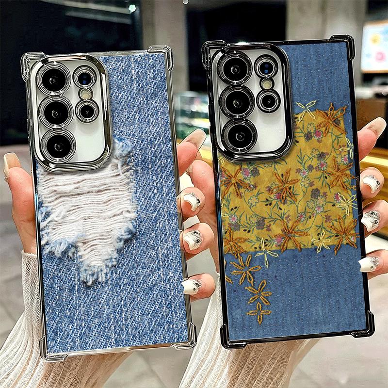 Retro Denim Pattern Soft Phone Case For Samsung Galaxy S26 Ultra S25 Edge S24 FE S23 Plus S22 S21 + S20 Plating Anti-Fall Fundas