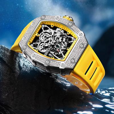 Fashion Watch For Men Automatic Date Sports Silicone Strap Tonneau Clock Iced Diamond WristWatch