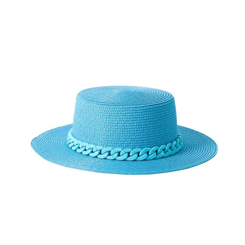 Nieuwe Kleur Ketting Platte Top Unisex Jazz Strooien Hoed Buiten Vrouwen Zeevakantie Zon Strand Hoeden Mode Zomer Panama Emmer Hoed
