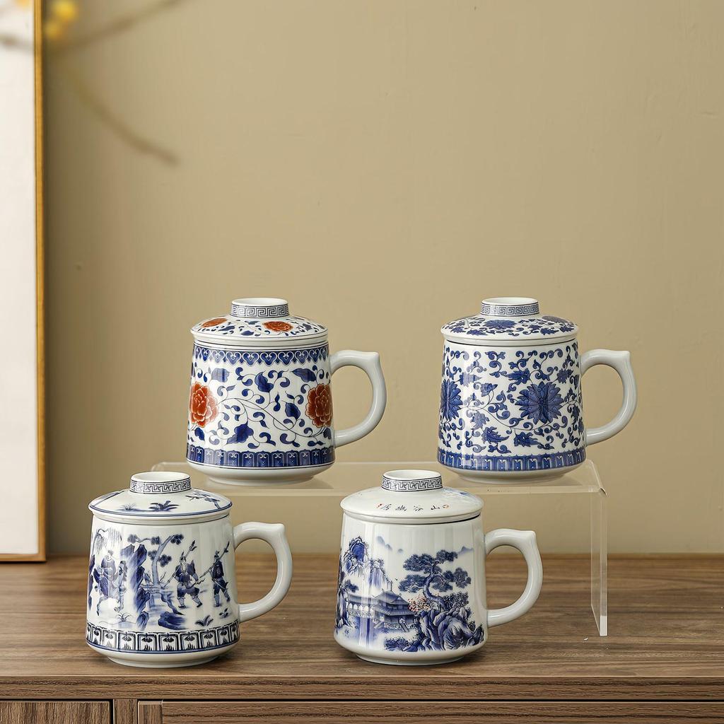 Mutton Fat Jade Blue & White Ceramic Tea Cup with Water Separator - Ideal Gift for Elders
