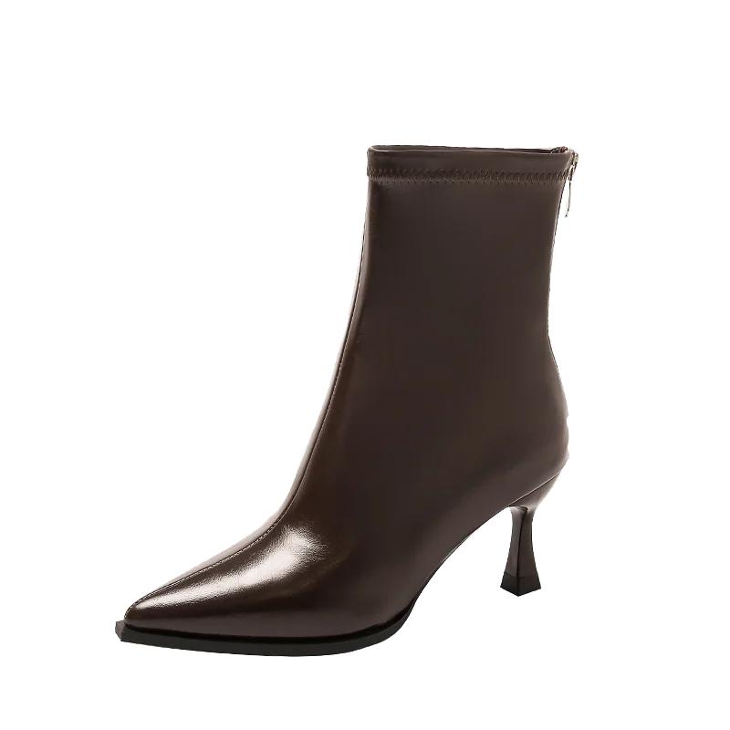 

Модные узкие ботильоны на каблуке для женщин. Осенне-зимние французские модные ботинки с высоким каблуком и заостренным носком на молнии для женщин. 36