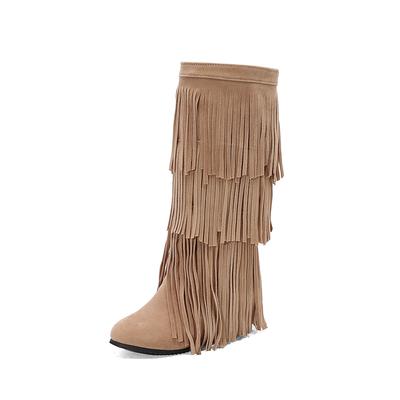 Apricot Red Women Knee High Boots Tassel Wedges Med Heel Big Size 48