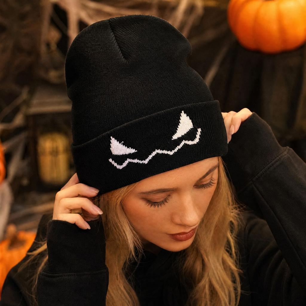 Halloween Knit Hat with Pumpkin and Devil Embroidery, Cute Trendy Winter for Women and Men