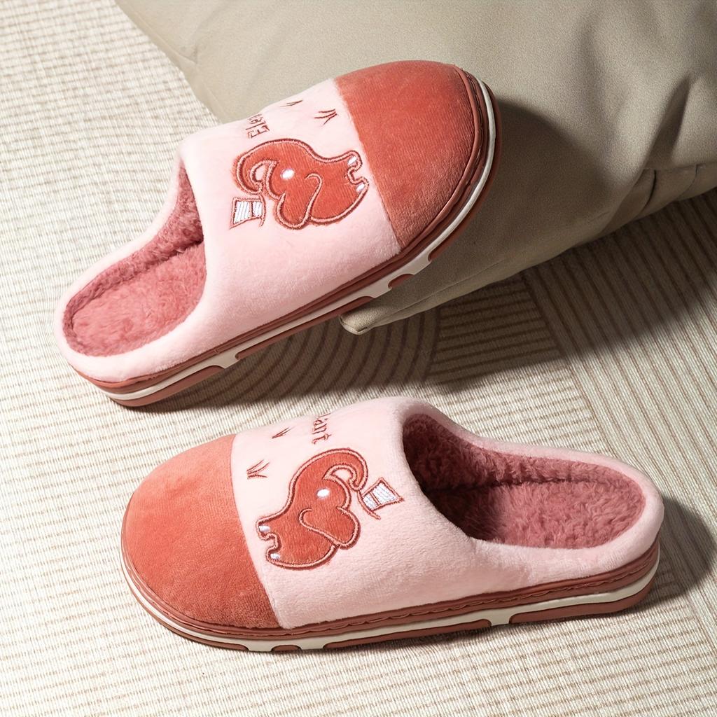 Women's Winter Plush Slip-On Slippers with Elephant Cartoon DesignCozy Indoor House Shoes for Cold Weather