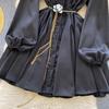 Women's Spring Autumn Loose Casual Dress Metal Chain Waist French Style Long Lantern Sleeves Elegant Shirt Dresses