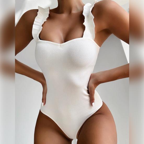 Square Collar Backless Ribbed Women Monokini Ruffle Shoulder Straps Solid Color One-piece