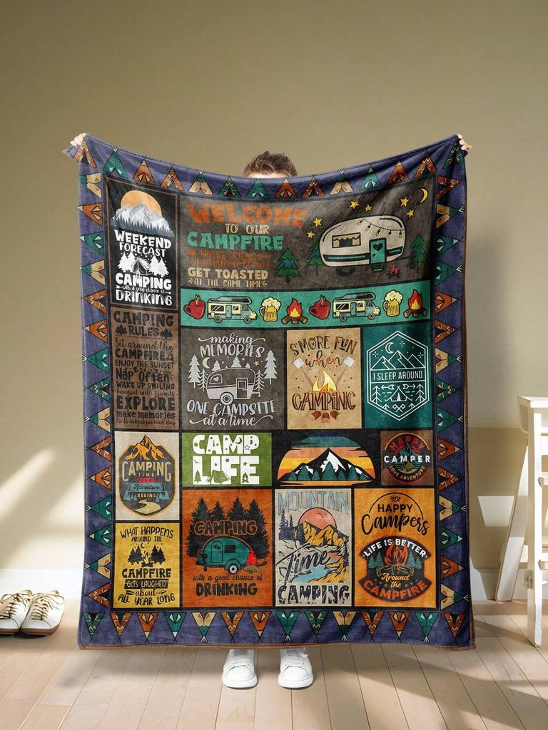 1 Stück Camping-Thema Hip-Hop-Decke Flanelldruck-Decke Für Camping & Reisen Geeignet Für Sofas Schlafzimmer Wohnzimmer Und Betten
