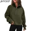 BITCED Autumn/Winter Women's Half-Zip Short-Sleeved Stand Collar Fleece-Lined Solid Colour Sweatshirt