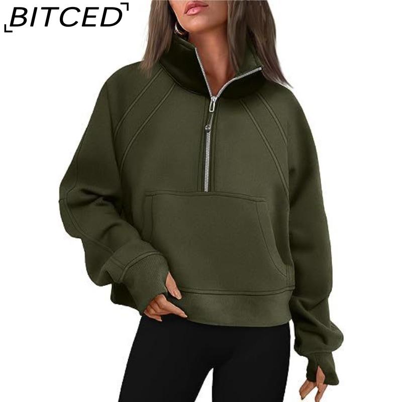 BITCED Autumn/Winter Women's Half-Zip Short-Sleeved Stand Collar Fleece-Lined Solid Colour Sweatshirt