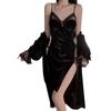 Women's French Velvet Lace Push Up Removable Pads Sleep Dress with Robe Lounge Set