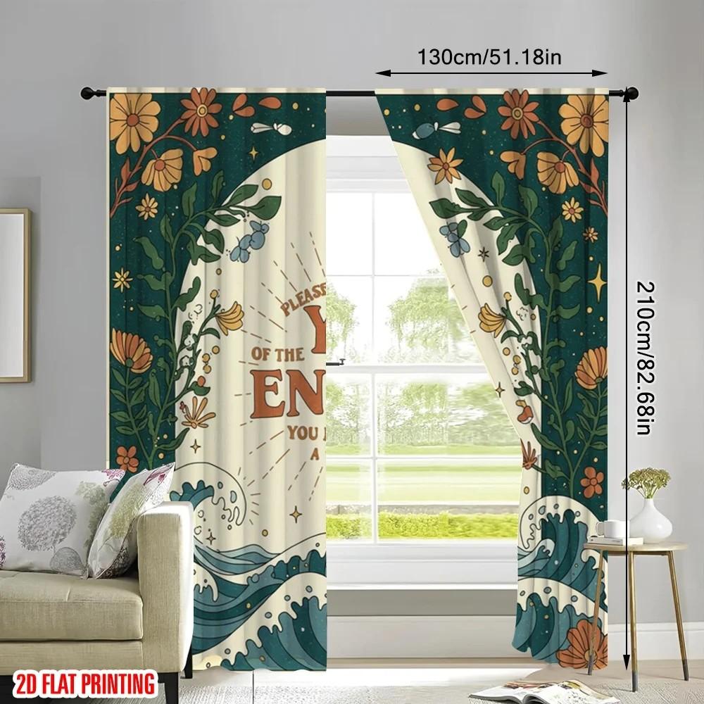 Set aus 2 Vorhängen mit Blumendruck, Verdunkelnd, Polyester, Fensterdekoration, Wohnzimmer, Schlafzimmer, Verdunkelung, Mit Stangentasche