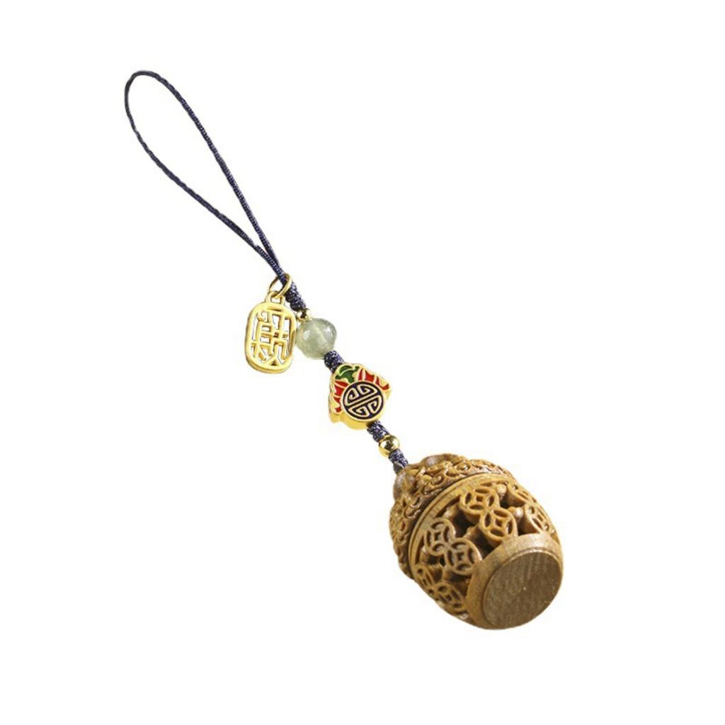 Green Sandalwood Treasure Basin With Copper Coin , Openwork Carving, Mobile Phone Bag, Keychain Pendant