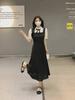 Women's Large French College Style Black Two-Piece Polo Dress - Waist Slimming A-Line Summer Skirt
