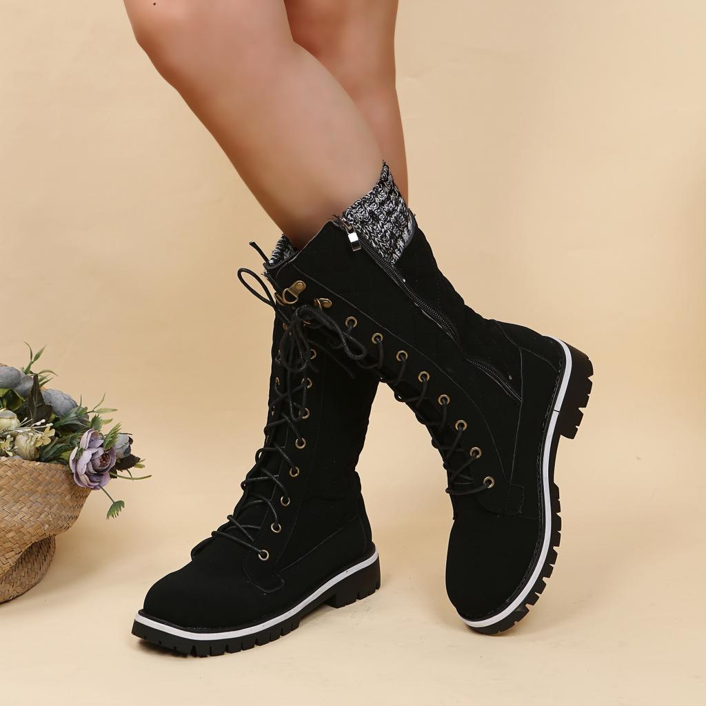 High-quality Winter Warm Boots Women's Winter Side-pull Lace-up Knitted Mid-tube Boots Low-heeled Round-toe Boots Botas De Mujer