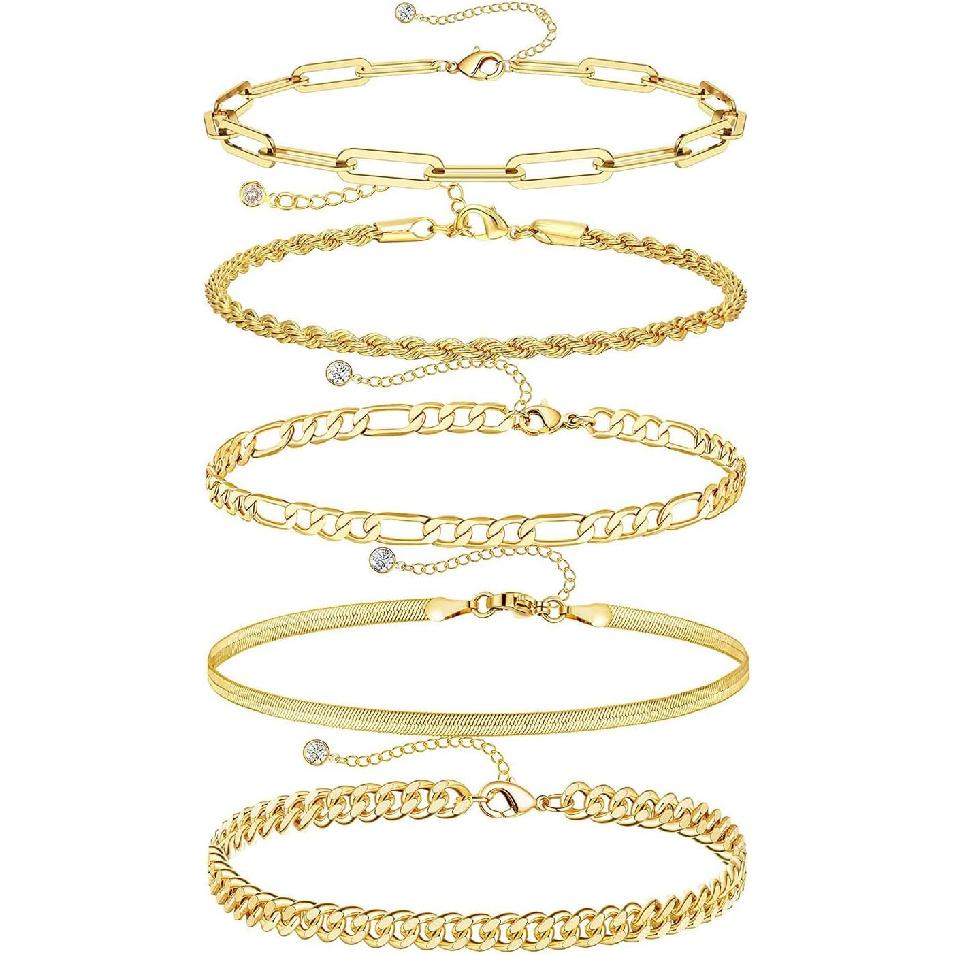 Gold Bracelets Sets for Women Waterproof | Non Tarnish Gold Plated Cuban Paperclip Link Chain Stackable, Trendy Jewelry Accessories Gifts for Women