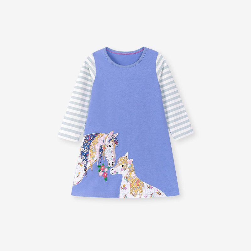 Ins Girls  Long-Sleeved Dress Cute Spring & Fall Blue Stripesd Unicorn Baby Pure Cotton Cartoon Kidsren s Skirt 3 S 3189 2Y (90cm)