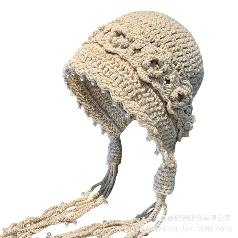 Street shot concave shape handmade three-dimensional crochet pearl wool hat girls light hollow fringed braid pullover hat