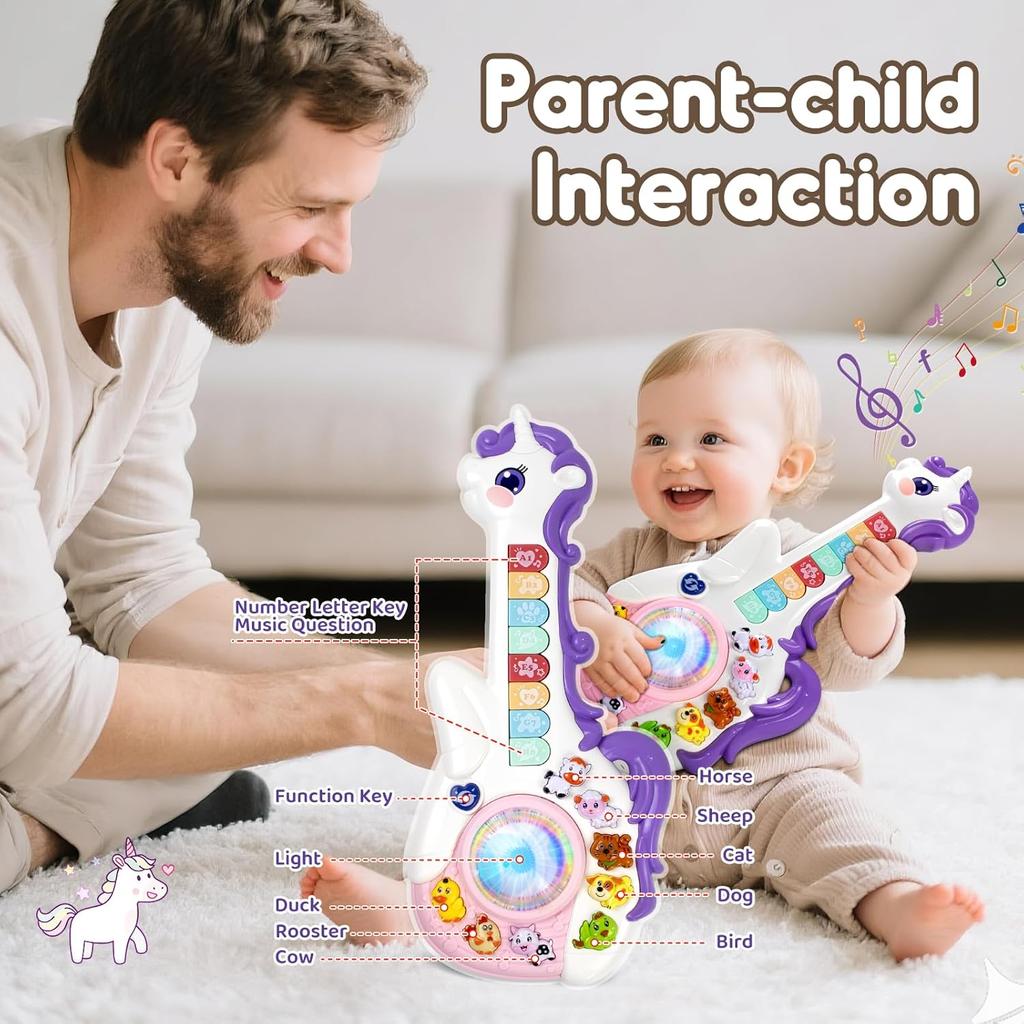 Little Girl Birthday Gifts: Musical Unicorn Toys , Educational Cartoon Guitar for Toddlers 3+, Interactive Learning Christmas