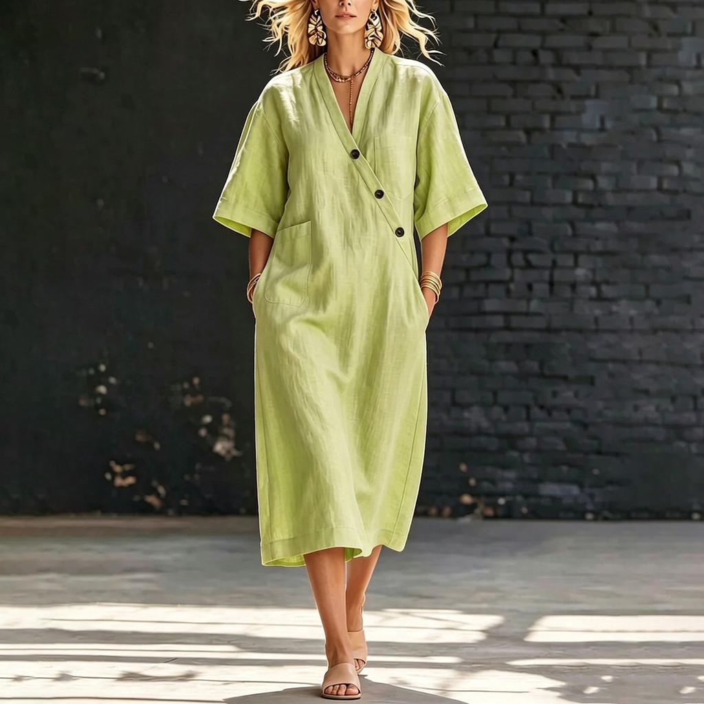 Women’s Loose Fit Linen Midi Dress V Neck Short Sleeve Button Front Casual Oversized Dress with Pockets for Everyday Wear